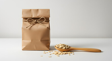 Artisanal oat flakes presentation in rustic kraft paper packaging offering a nutritional focus, evoking a sense of