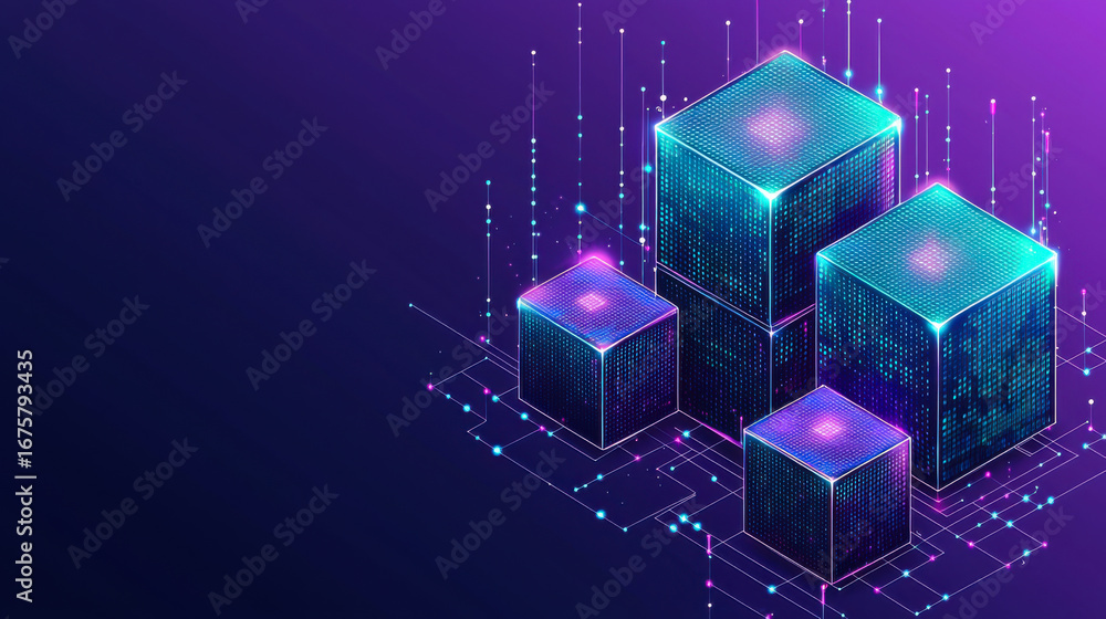 Aufkleber digital representation of blockchain technology with illuminated cubes on a dark background