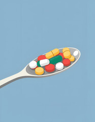 A lot of pills in a spoon, clipart style. isolated with white highlights