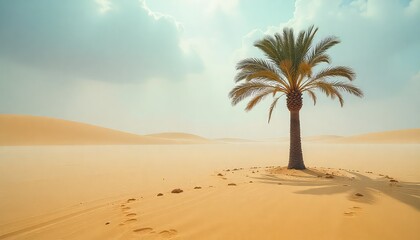 A solitary palm tree stands tall amidst the vast, undulating dunes of a serene desert landscape
