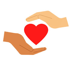 Two hands of different skin tones protect a red heart, symbolizing love and care.