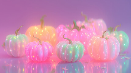 glowing neon pumpkins in pastel 3d render, shiny halloween decoration for modern posters, wallpapers, packaging and digital art