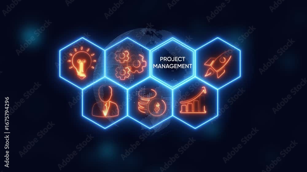 Poster project management icons in neon hexagons on digital globe background process concept