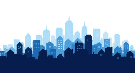 Fototapeta premium Captivating blue city skyline silhouette with modern skyscrapers and charming houses, perfect for urban themes and design projects.