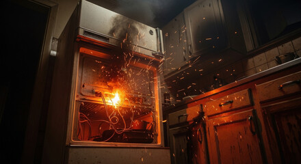 Kitchen refrigerator caught fire, blazing flames and smoke, dangerous situation
