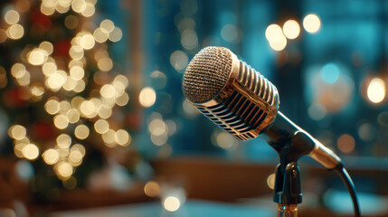 Vintage microphone with warm festive bokeh and teal background, shallow depth of field and copy-friendly space, retro audio equipment