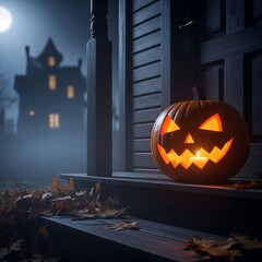 Fototapeta premium Spooky Jack O’Lantern Decoration on Porch with Autumn Leaves