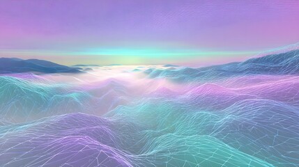 Abstract digital landscape with glowing wireframe mountains and pastel sky digital art