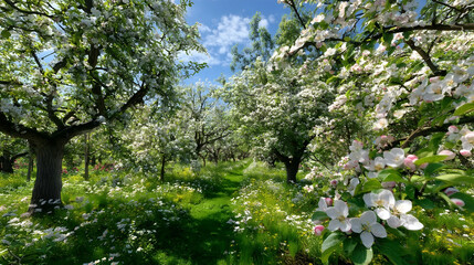 Fototapeta premium Blossoming Orchard: The image captures the vibrant beauty of a blossoming orchard with delicate white petals, lush green grass, and blue sky in the springtime.