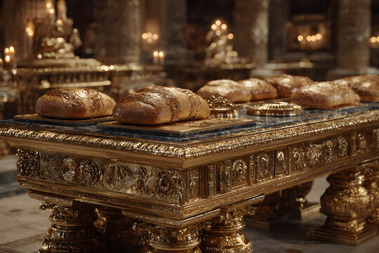 Table of Showbread and the bread of the Presence desribed in the book of Moses Exodus, Old Testament. 3drendering biblical illustrtion.