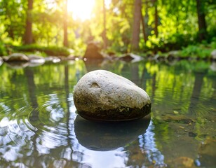 A smooth stone rests in a tranquil forest stream