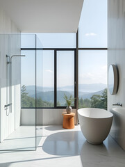 Modern, minimalist bathroom with a view.  Light, airy, and stylish