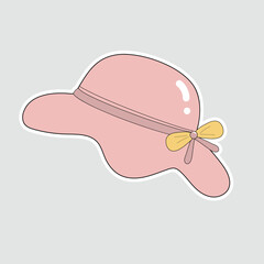 Elegant Women's Sun Hat Vector Sticker. A charming vector illustration of a pink sun hat adorned with a yellow bow. This sticker is perfect for themes of summer, fashion, travel, and holidays