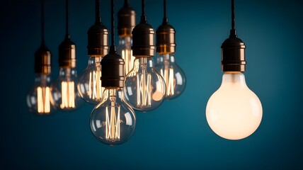 One bright light bulb stands out from a group of vintage edison bulbs.
