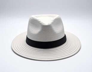 Elegant white straw fedora hat with black band, perfect for stylish summer fashion and travel.
