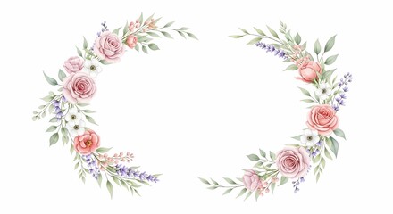 Obraz premium Watercolor floral wreath frame with roses and lavender for wedding invitation design 85