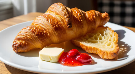 Delicious croissant with butter and strawberry jam breakfast food photography and tasty french pastry dessert