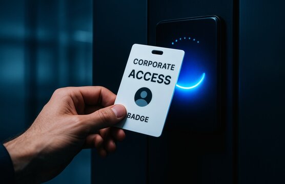 Hand Holding Corporate Access Badge in Front of Digital Scanner with Blue Light on Modern Office Background