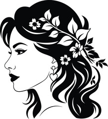 Elegant Woman Profile Vector Illustration with Flowers and Leaves in Hair, Black and White Silhouette for Beauty, Nature, and Spa Design Concepts.