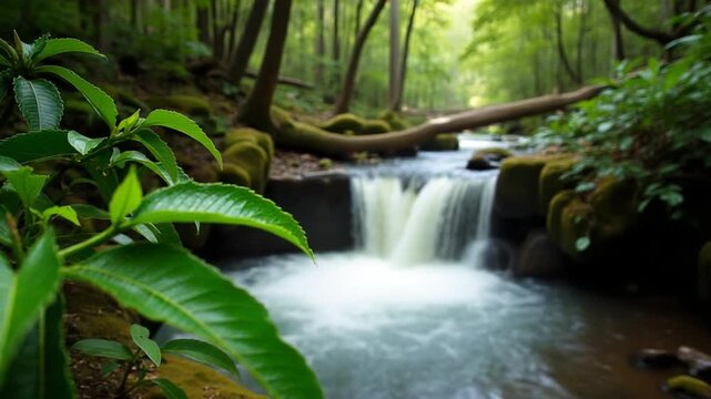 Vibrant green leaves sway gently near a cascading waterfall in Dorrigo, NSW, under soft natural lighting