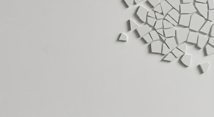 Geometric pattern of shattered porcelain fragments on a stark white backdrop creating a visually intriguing
