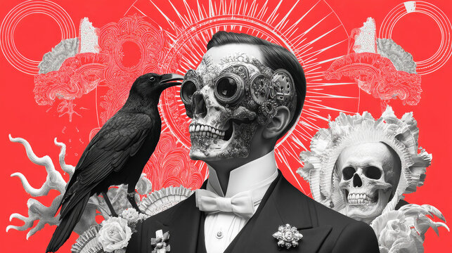 Surreal halloween party collage art.