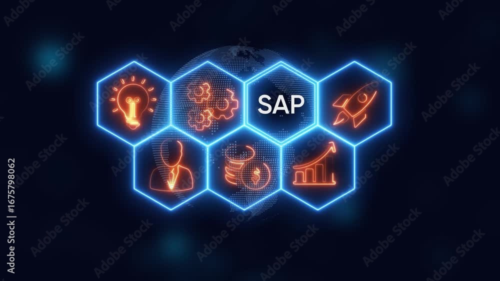 Aufkleber sap business software concept with icons and global network on dark background technology enterprise