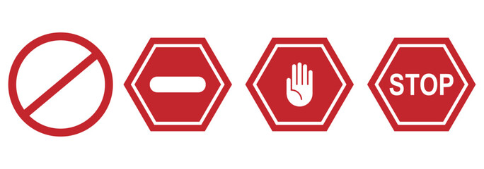  stop sign with bold white text and hand symbol. Flat vector illustration perfect for traffic signs, road safety graphics, caution messages, and user interface