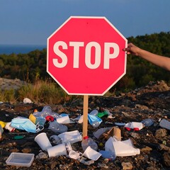 A stop sign stands amidst a pile of discarded plastic waste