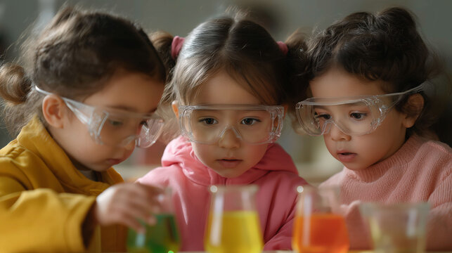 Three young children in safety goggles lean over colorful beakers, focused on a hands-on science experiment. - Powered by Adobe