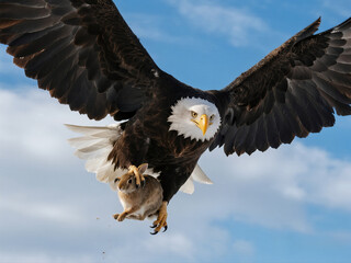 Obraz premium Bald eagle catches a wild rabbit