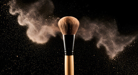 Makeup brush with cloud of powder on a dark surface showcasing cosmetic artistry and beauty product demonstration for