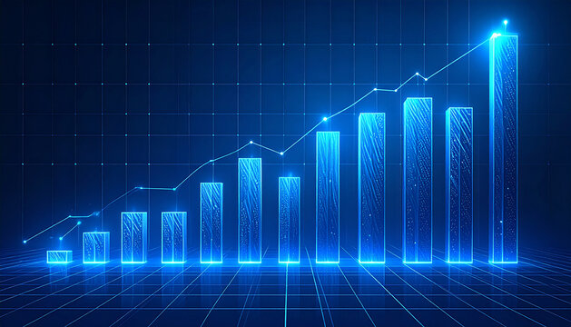 A digital graph displaying business and financial data analysis, showing growth and success with a blue color scheme and futuristic design