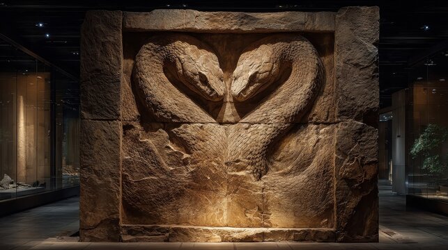 Ancient fossil specimen of a two-headed serpent dramatically presented under exhibition lighting.