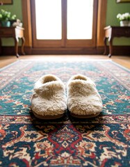 A pair of cream-colored slippers on a patterned rug in a room