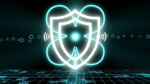 Clover hub in dark-teal haze; ASCII-grid flicker underlays the scene as orbs approach a central shield which pings once, then the orbits continue