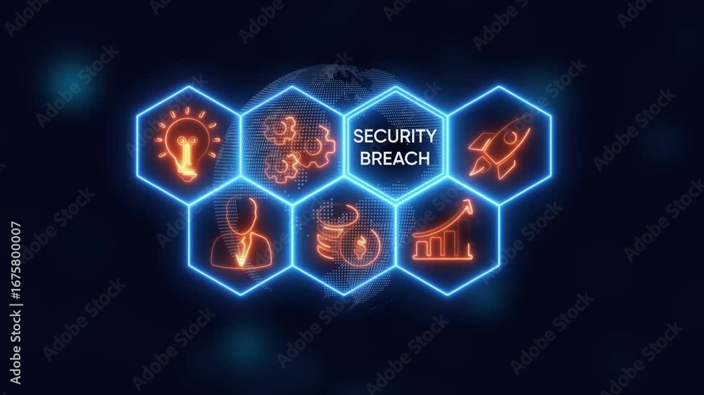 Poster digital concept of security breach with glowing neon icons on a dark blue background with globe cybe