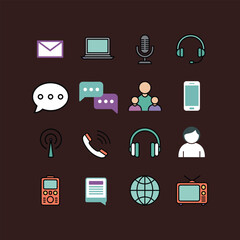 Modern communication technology icons set including email, laptop, microphone, smartphone, chat, internet, headphones, people, and television.