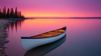 Serene Canoe at Sunset: A tranquil canoe peacefully floats upon the still waters of a lake at sunset. Witnessing the soft pastel hues of pink and purple paint the sky.