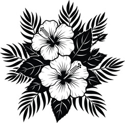 Tropical Hibiscus Flowers and Palm Leaves Vector Illustration, Black and White Floral Graphic for Summer, Botanical, and Aloha Designs.