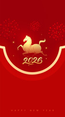 Vertical Chinese Lunar New Year poster with the background of the Year of the Horse