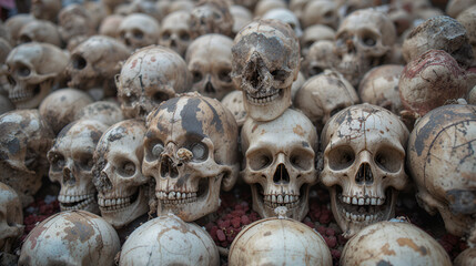 The photograph shows several human skulls in a Bolivian festival where death is venerated