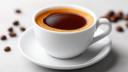 Fototapeta premium Aromatic Awakening: A steaming cup of rich, dark coffee sits in a classic white cup, surrounded by scattered roasted beans. the inviting allure of the moment, the perfect start to any day.