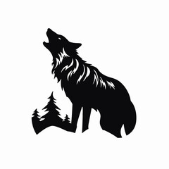Fototapeta premium Solitary wolf howling against evergreen trees, a striking animal illustration silhouette