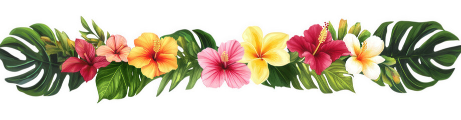 Obraz premium Colorful hibiscus flower and monstera leaf garland isolated on transparent background