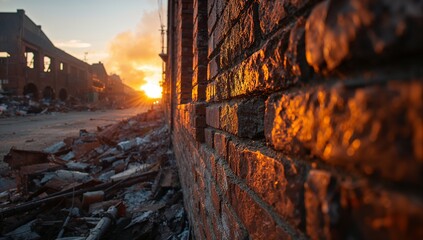 City ruins urban destruction sunset damaged wall rubble landscape