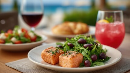 Exquisite Culinary Spread: A tantalizing close-up of a delectable dining experience featuring grilled salmon, vibrant salads, refreshing drinks, and elegant wine.