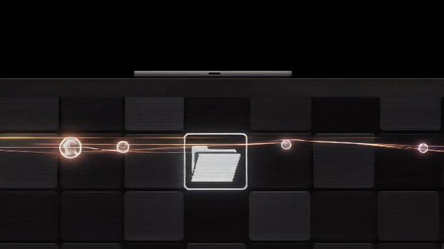 Minimal monitor top bar where retro CRT tile panels sweep; orbs traverse icon tiles and a folder tile glows, keeping the HUD clean and number-free