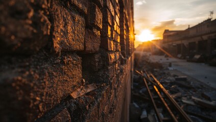 War city ruins destruction urban landscape at sunset with damaged buildings and brick wall debris