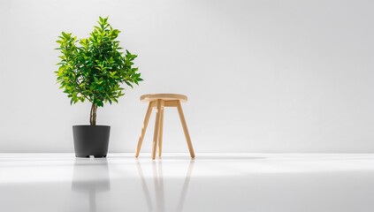 Plant stool furniture modern design with green houseplant and wooden stool in clean white studio setup